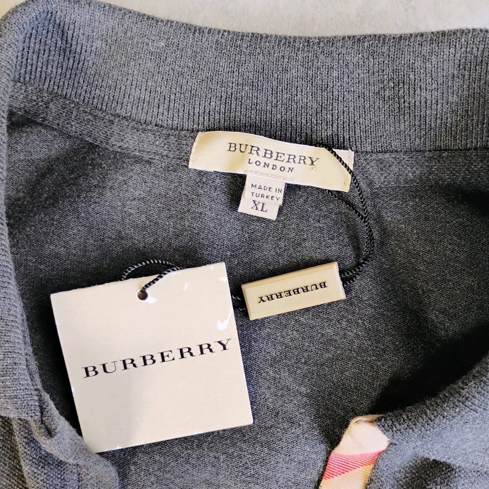 Burberry London Polo Shirt Womens XL Gray Check Trim 3/4 Sleeves Preppy Classic - Picture 5 of 10